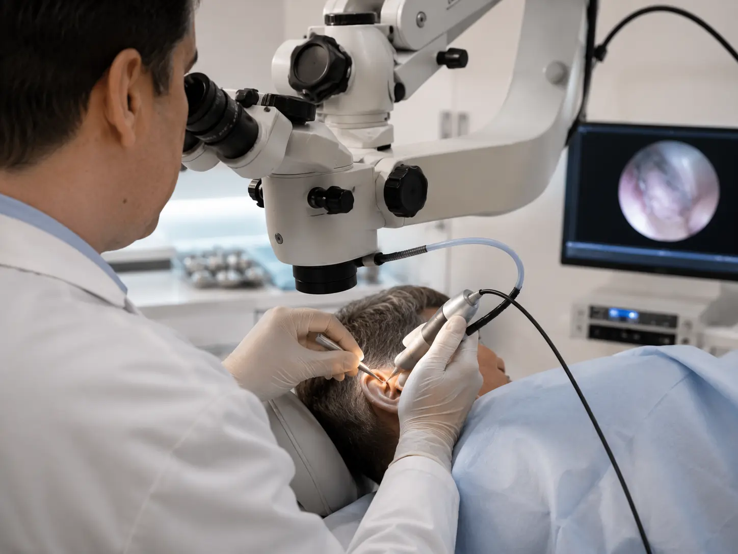 Cirurgia do ouvido com microscópio
